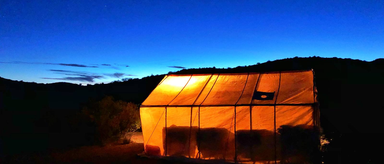 Lit wall tent at dusk on a Wild Out Pro spike camp